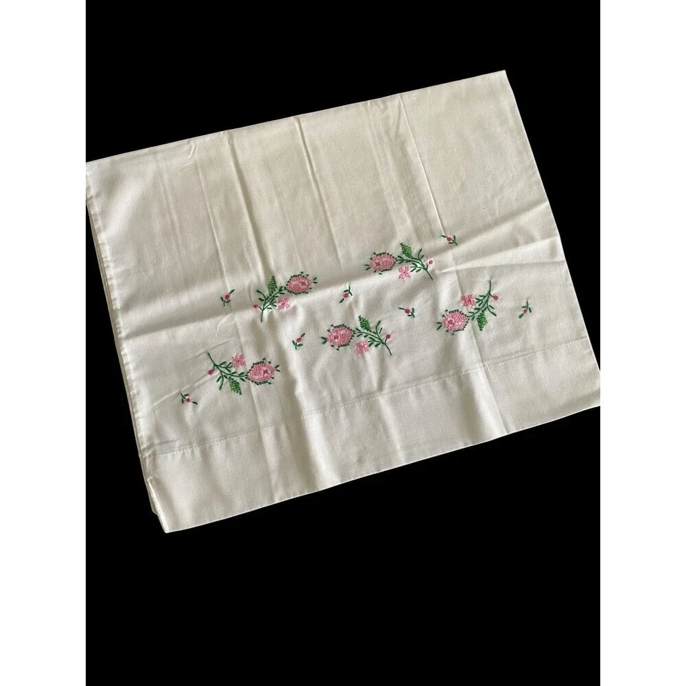 Vintage Pillowcase Embroidered Flowers Pink Cottage Chic Lady Pepperell Muslin